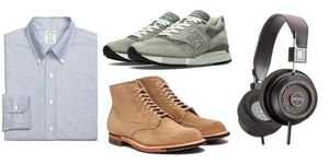 Footwear, Product, Audio equipment, Brown, Collar, Dress shirt, White, Font, Tan, Fashion, 