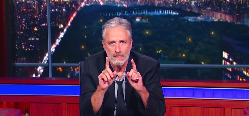 Jon Stewart Takes Stephen Colbert's Desk To Dismantle Trump and the Media