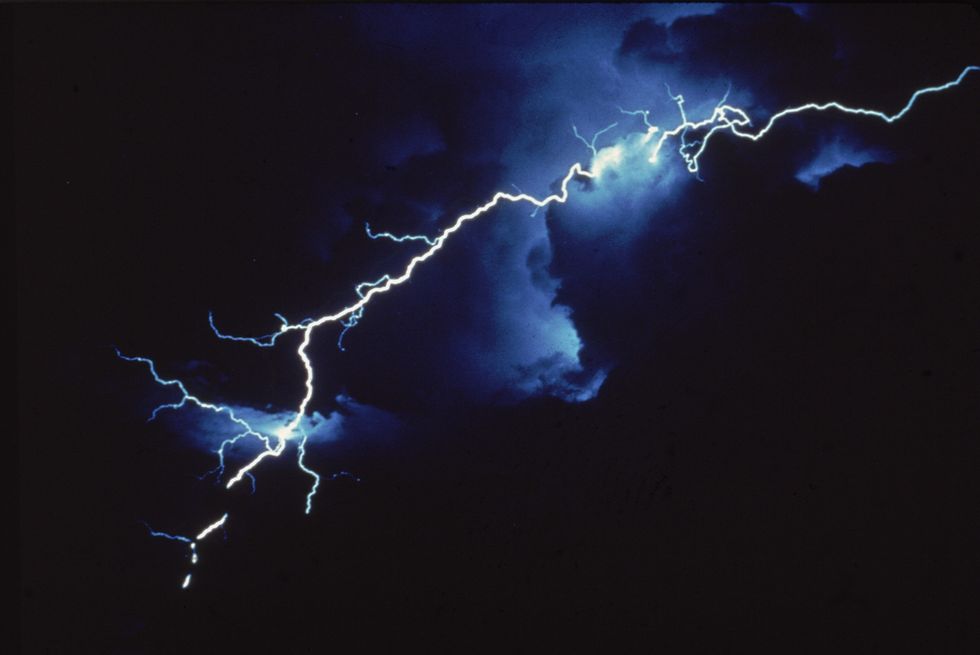 Blue, Thunderstorm, Atmosphere, Storm, Thunder, Atmospheric phenomenon, Photograph, Night, Lightning, Electric blue, 