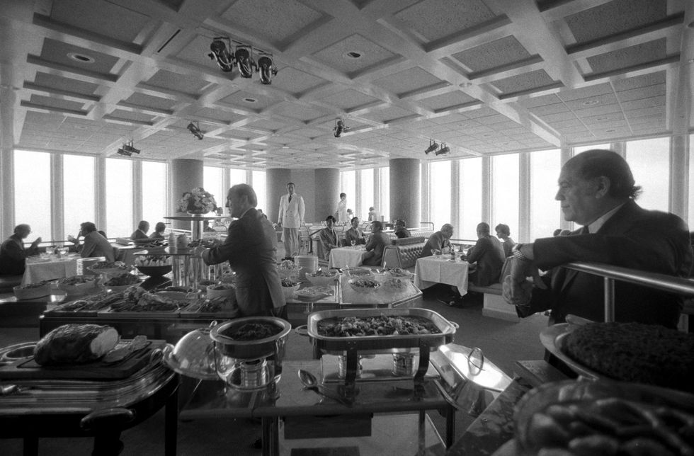 Table, Furniture, Ceiling, Tableware, Restaurant, Meal, Dishware, Hall, Conversation, Monochrome, 