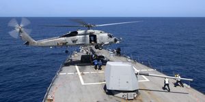 Helicopter, Rotorcraft, Aircraft, Naval ship, Helicopter rotor, Ocean, Military aircraft, Navy, Sea, Aircraft carrier, 