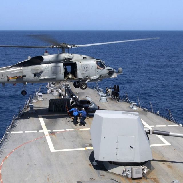 Helicopter, Rotorcraft, Aircraft, Naval ship, Helicopter rotor, Ocean, Military aircraft, Navy, Sea, Aircraft carrier, 
