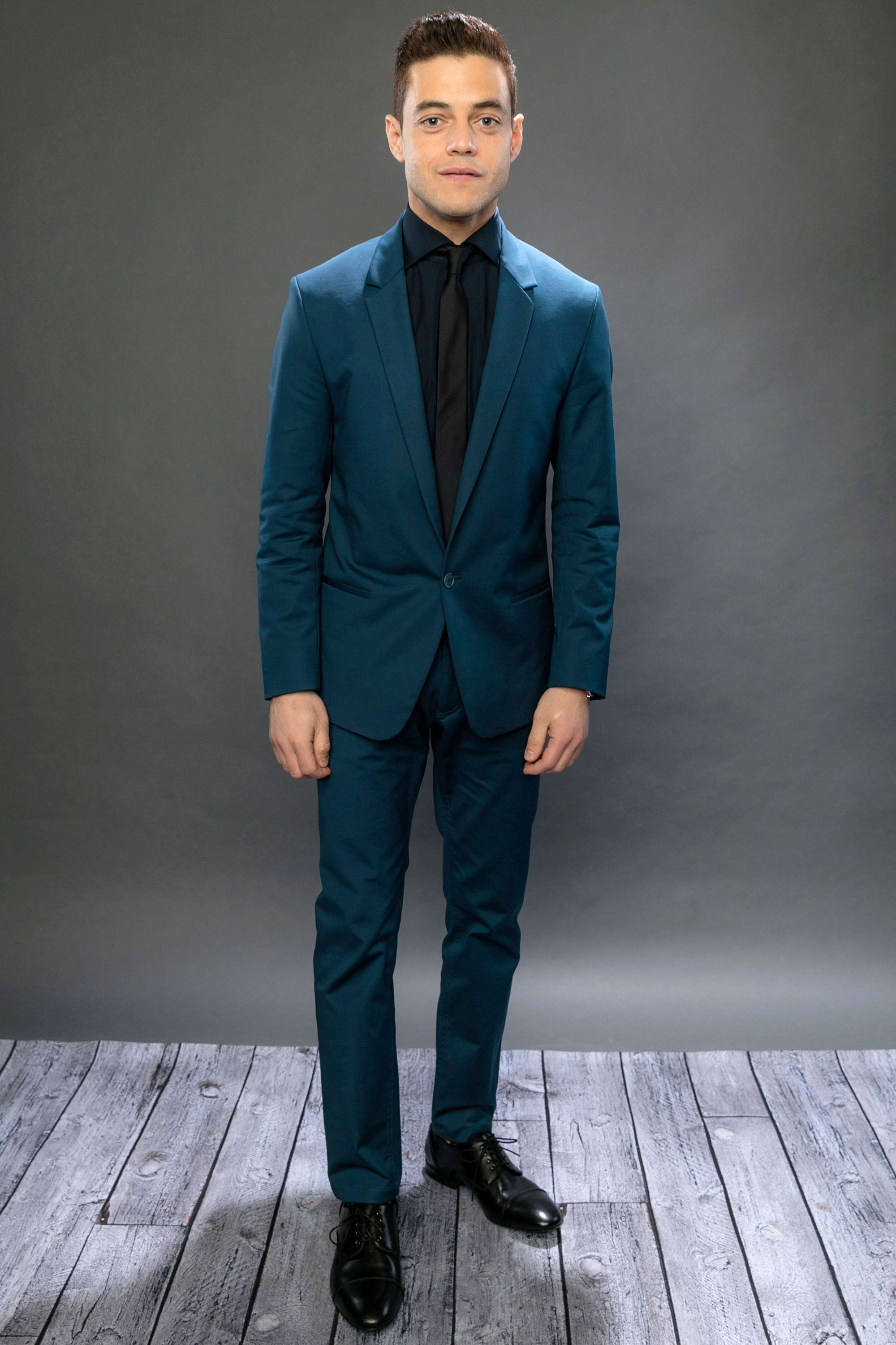 teal suit black shirt