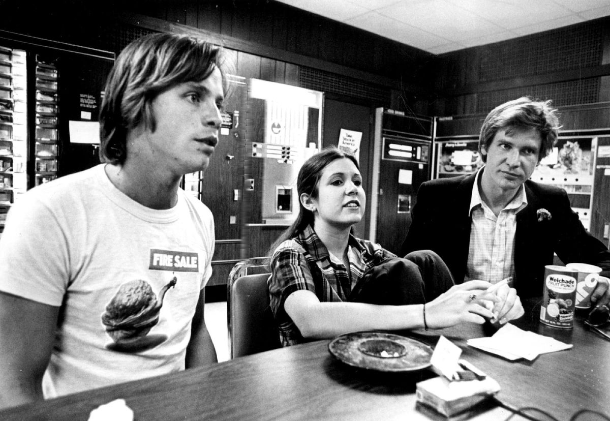 Mark Hamill, Carrie Fisher and Harrison Ford in 1977