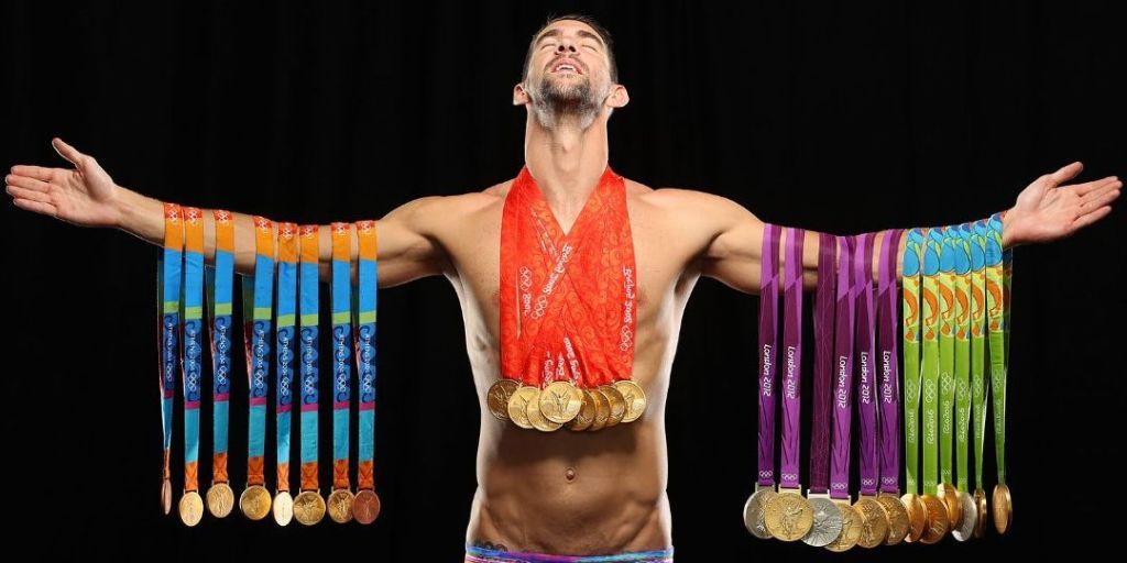 Michael Phelps Wearing Medals
