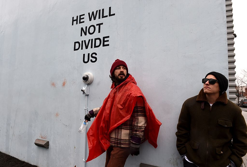 Shia LaBeouf at his 'He Will Not Divide Us' livestream in New York