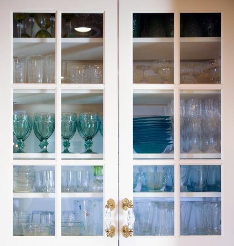 Glass, Teal, Aqua, Turquoise, Transparent material, Collection, Shelving, Display case, Natural material, Pottery, 