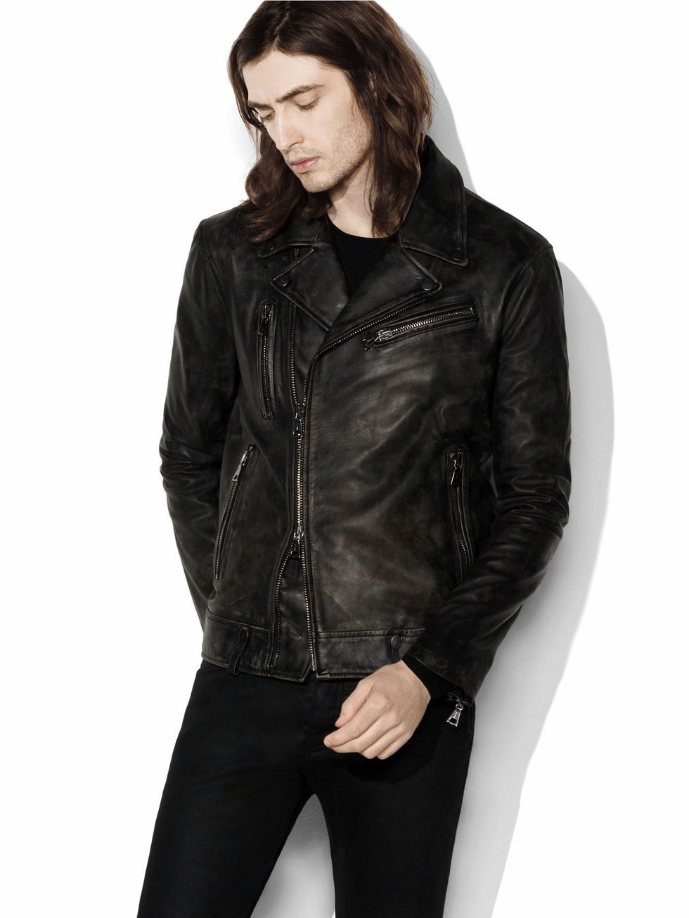 Clothing, Jacket, Leather, Leather jacket, Black, Outerwear, Sleeve, Textile, Top, Collar, 