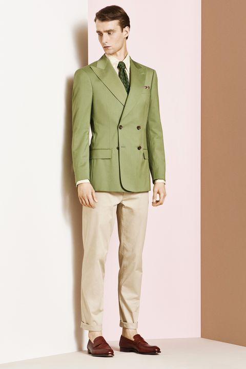 Clothing, Suit, Blazer, Outerwear, Formal wear, Green, Jacket, Standing, Khaki, Beige, 