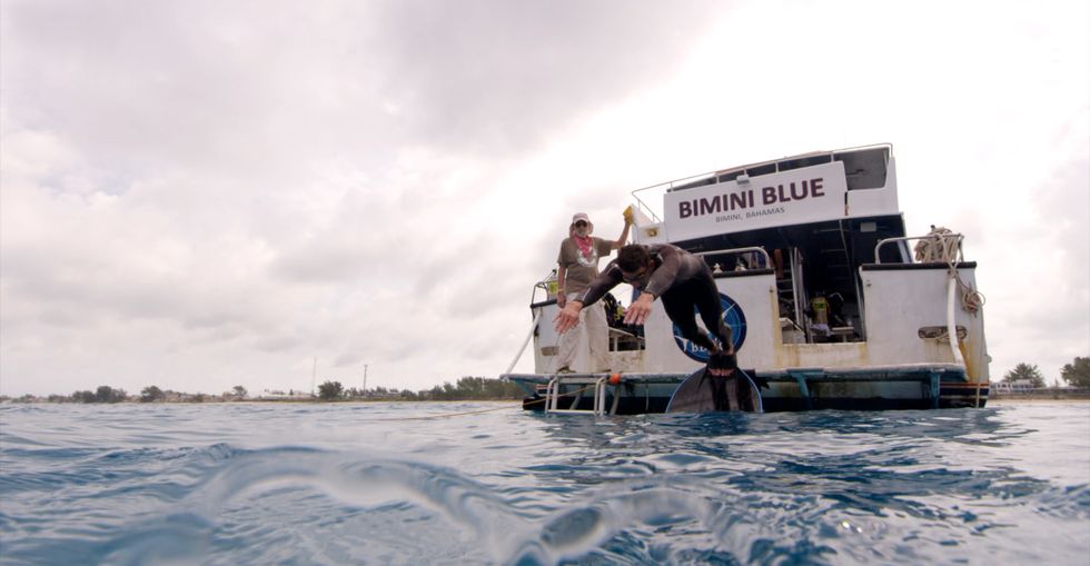 Phelps dives in the water in the Bahamas while filming his special.