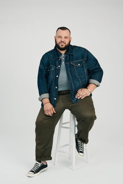 Blue, Sitting, Denim, Jeans, Standing, Fashion, Human, Facial hair, Cool, Photo shoot, 