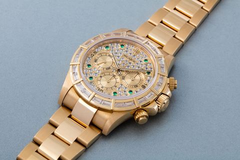 <p>In the early 1990s, Rolex became one of the first watchmakers to set rare diamonds into its production line, giving these bejeweled beauties a spot in its catalogs. Hence, this example, known as "<a href="https://www.revolution.watch/in-conversation-with-paul-boutros-of-phillips-watches/" target="_blank">Glitter Road</a>:" rendered in 18-karat gold, with a dial full of diamonds, and emerald markers to boot, Phillips sold this particular example for around $345,000 in a 2016 auction.</p>