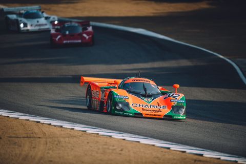 <p>Mazda <a href="http://www.roadandtrack.com/motorsports/news/a30374/mazda-767b-monterey/" target="_blank">spent two years restoring its 767B</a>, the earliest predecessor to the champion 787. It debuted on track with design manager Ken Saward driving. </p>