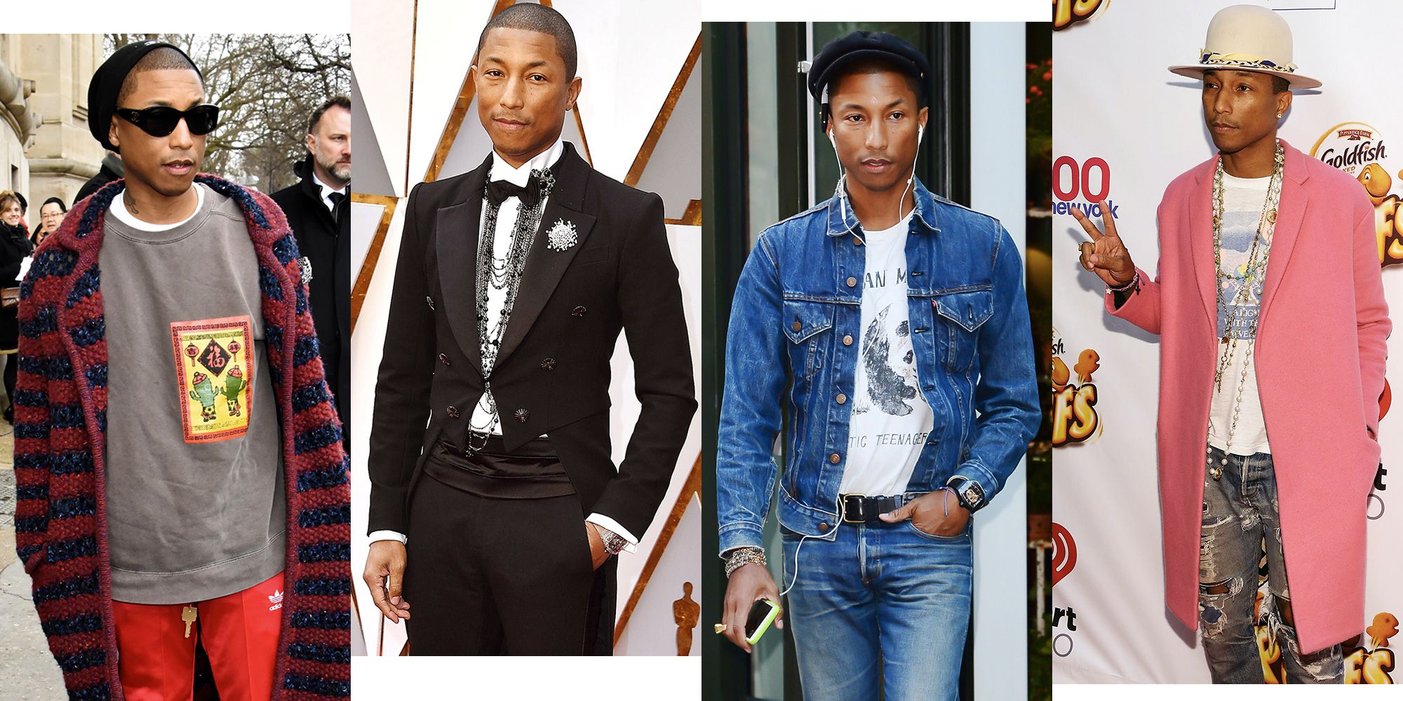 Pharrell Williams shows off his quirky style in a khaki blanket