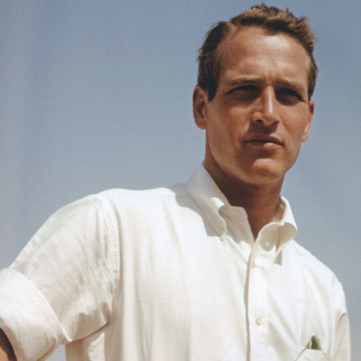 Paul Newman in a white oxford shirt