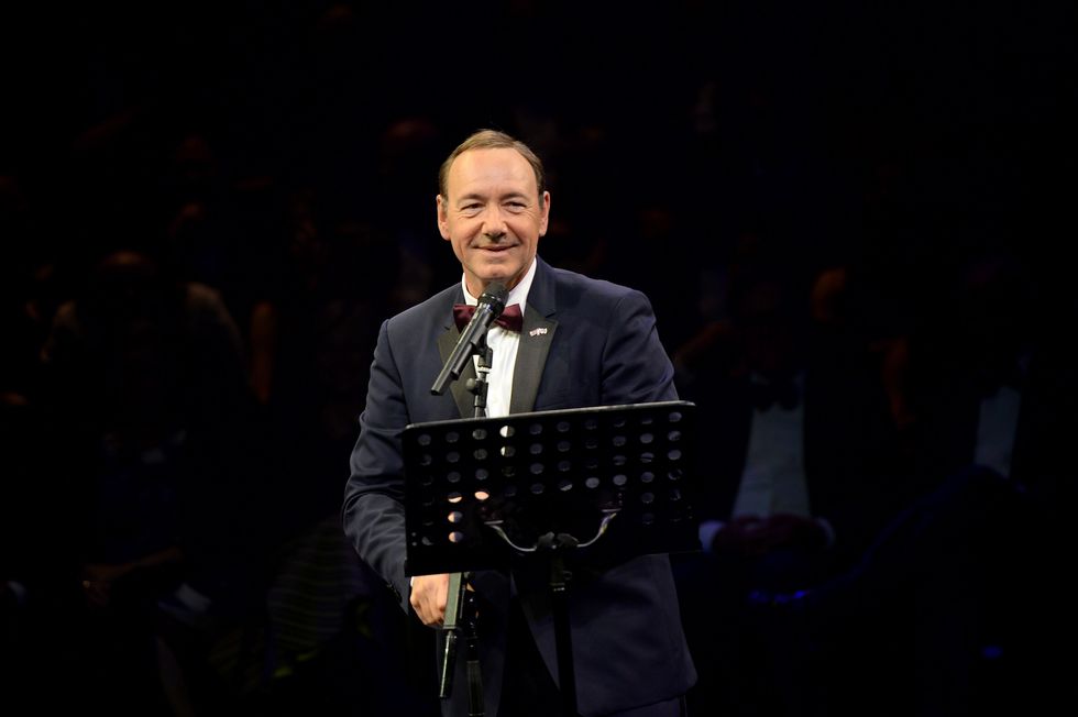 Kevin Spacey gives a speech at The Old Vic Theatre for a gala celebration in his honour as his artistic director's tenure comes to an end