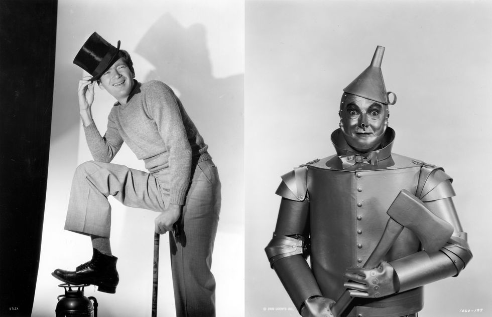 Buddy Ebsen (1908 - 2003), the dancing comic actor, whose first appearance in Hollywood was in the MGM musical 'Broadway Melody of 1936', and who appeared in the 1938 sequel. American actor Jack Haley as the Tin Man in Victor Fleming's 1939 film 'The Wizard of Oz'. The Tin Man wanted to see the Wizard so he could have a heart.