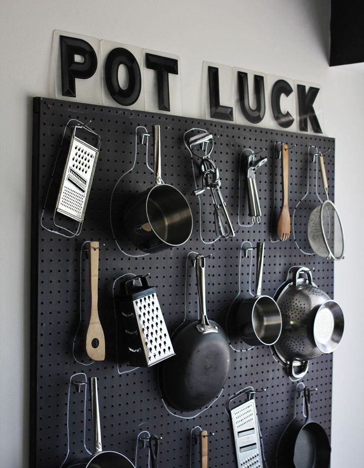 pots and pans hanging on wall