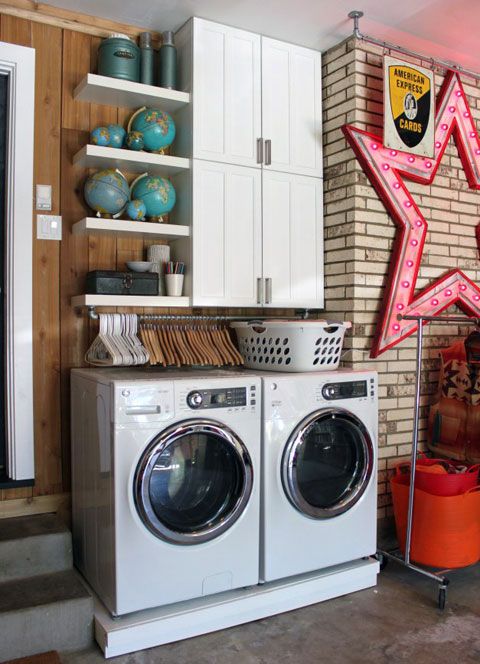 Washing machine, Laundry room, Laundry, Major appliance, Clothes dryer, Room, Cabinetry, Home appliance, Furniture, Shelf, 