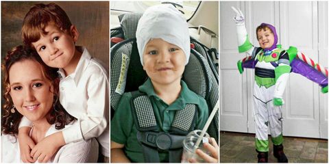 Jennipher Dickens and her then-four-year-old son, Christopher (left). That year Christopher gamely endured electrodes on his skull during a test for seizures (center); at his fifth birthday party, he was superhero Buzz Lightyear (right).