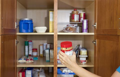 Shelving, Shelf, Plastic, Food storage containers, Wood stain, Paint, Bottle, Plywood, Pantry, Cupboard, 