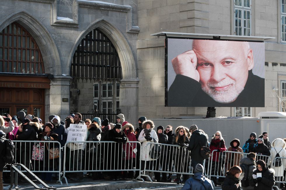 Crowds gather outside the Notre Dame Basilica in Montreal for René Angélil's memorial service.