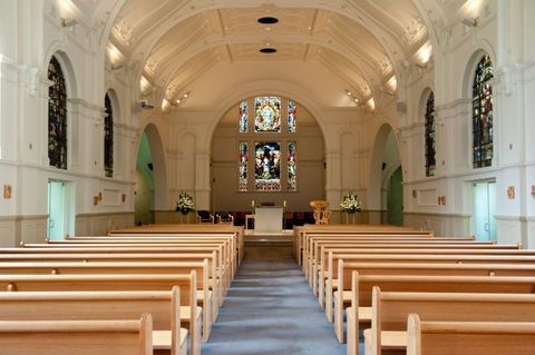 Interior design, Architecture, Church, Glass, Aisle, Ceiling, Chapel, Hall, Religious institute, Place of worship, 