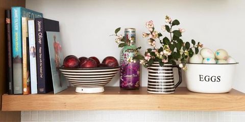 Flowerpot, Flower, Purple, Bookcase, Serveware, Interior design, Lavender, Dishware, Shelving, Publication, 