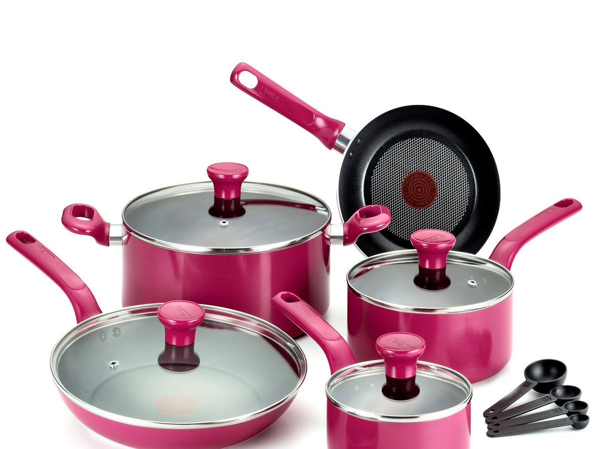 Fingerhut - T-fal Excite 14-Pc. Nonstick Aluminum Cookware Set - Pink