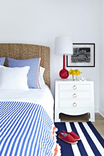 bedroom ideas, striped blue and white bedding and rug