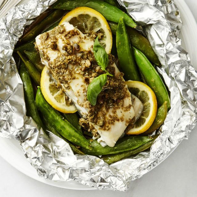 Fish Packets with Caper Butter Snap Peas
