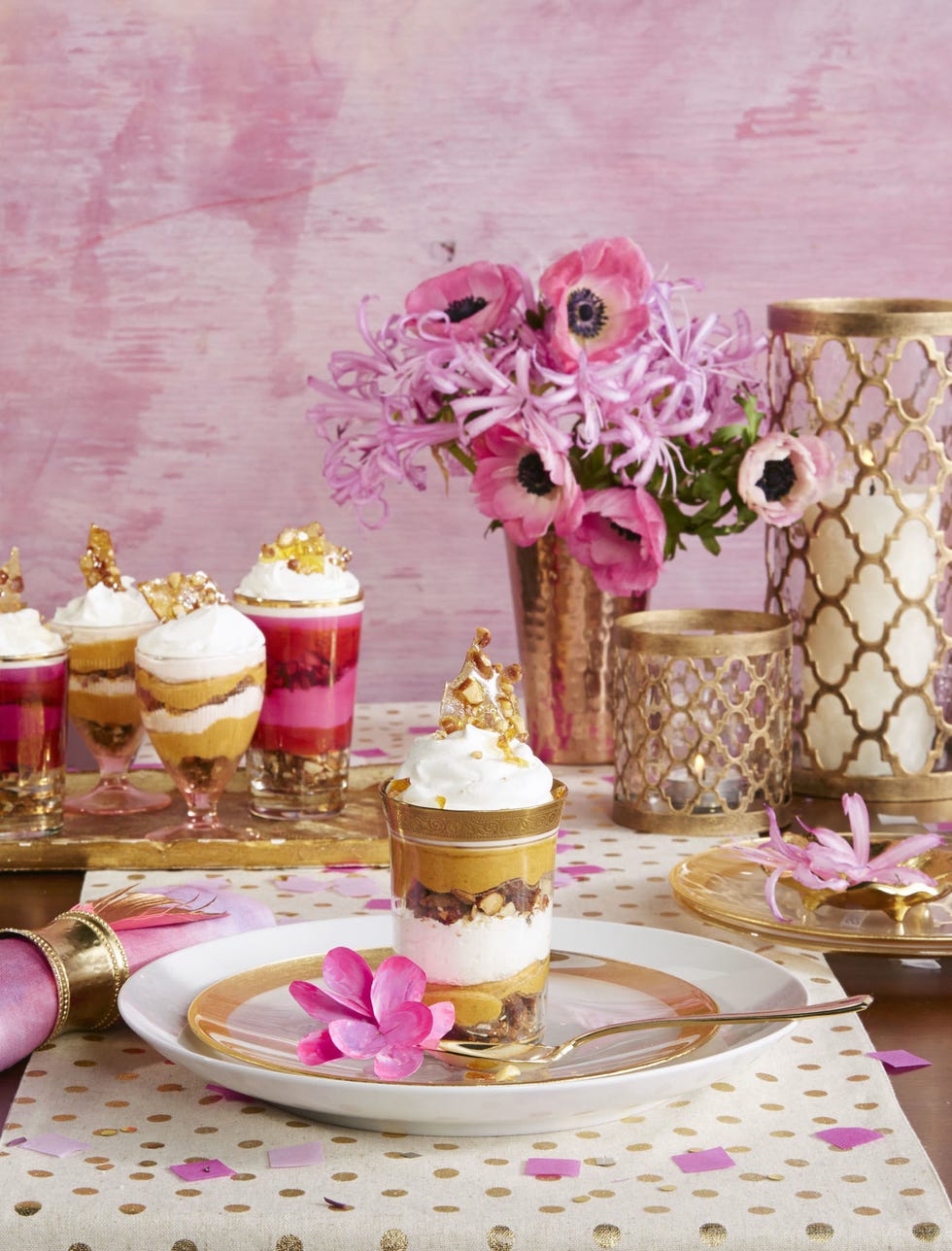 no bake pumpkin cheesecake mini trifles on a golden plate
