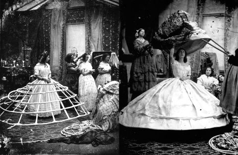 <p>In another example of hard-to-sit-in undergarments, we have the hoop skirt. This circular wire cage served as frame and foundation for the vast crinolines and full skirts that were popular at the time. We imagine walking through doors would've been a challenge as well. </p>