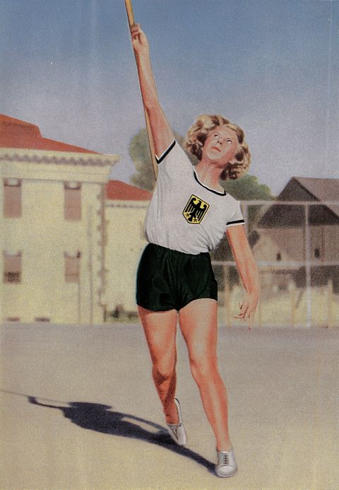 <p>German javelin-thrower Ellen Braumueller mid-throw at the games in L.A. </p>