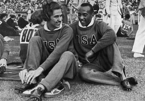 <p>Jesse Owens and Helen Stephens, another American runner who won two gold medals that year, at the stadium in Berlin. </p>