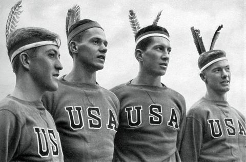 <p>The American gold-medal-winning rowing team wearing headdresses in Berlin.</p>