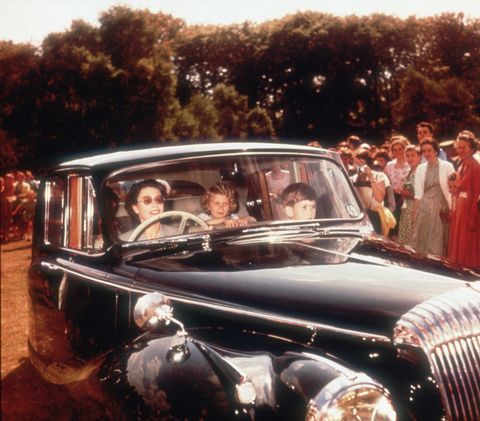 Queen Elizabeth, Princess Anne, Prince Charles driving