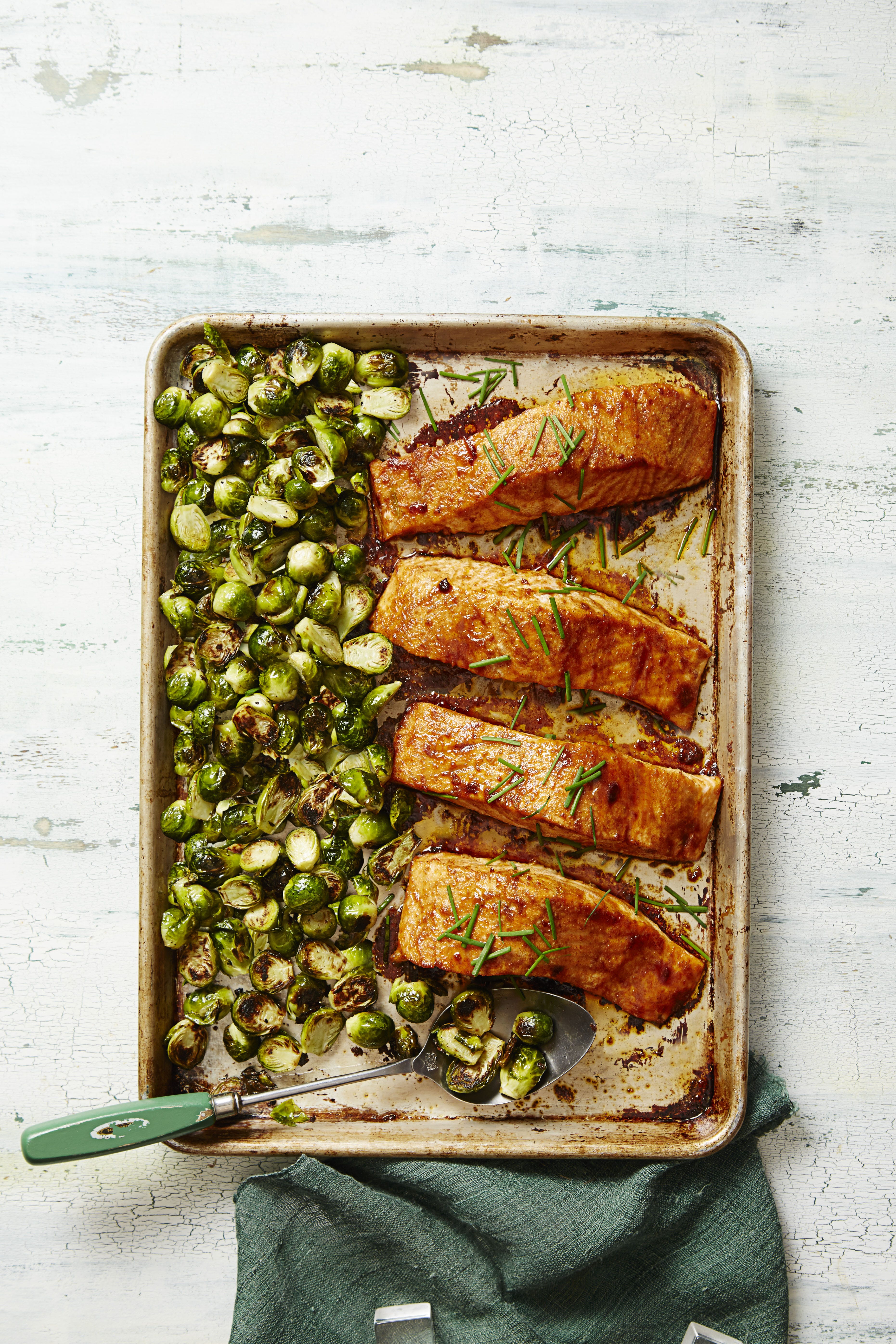 a sheet pan of baked salmon and brussels sprouts