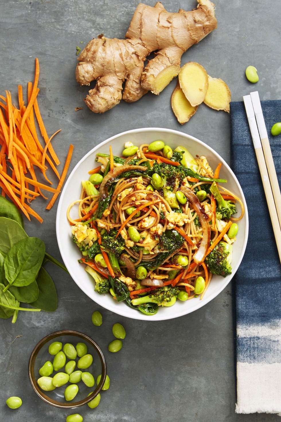 veggie lo mein with broccoli and edamame
