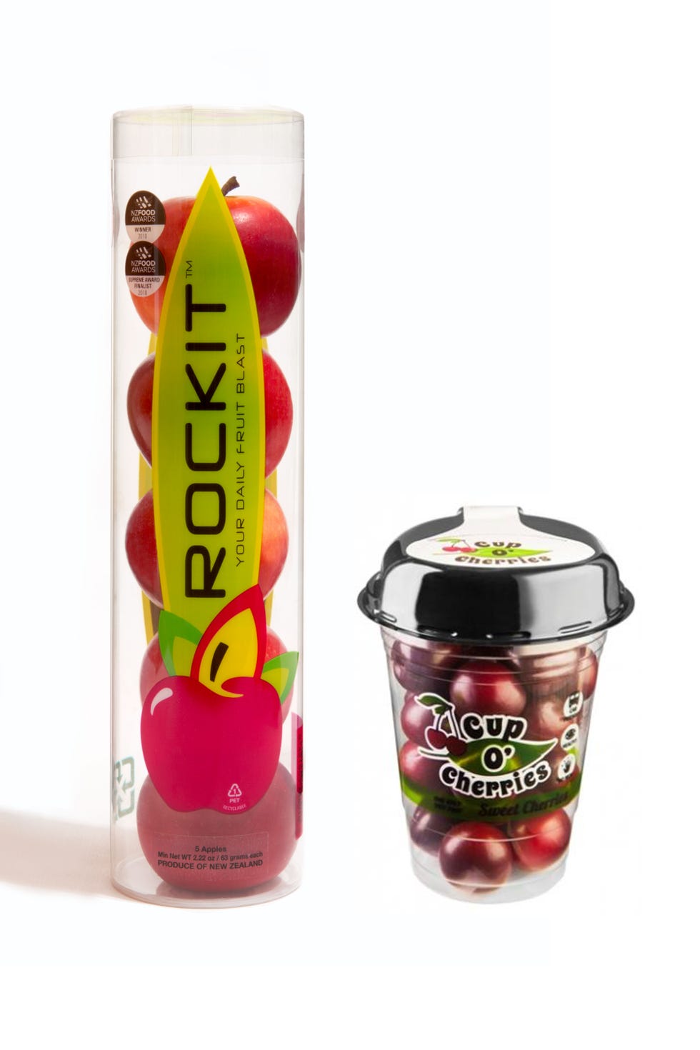 Chelan Fresh Fruit If you've ever fished a crushed banana out of your bag, you'll appreciate how the innovative packaging on Chelan Fresh cherries, apples, and pears makes fresh fruit easy to eat in no matter where you are. The company's Rockit Apple Tubes and Cup o'Cherries fit right into car cup holders, and the cherry cup even has a built-in place to put pits. A juicy SugarBee apple — Chelan's brand-new Honeycrisp non-GMO hybrid — packs up to 5 grams of filling fiber and loads of immune boosting antioxidants.
Prices vary, chelanfresh.com
