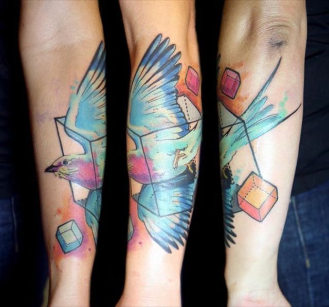 A watercolor painting becomes an abstract body art work in this tattoo of a  bird on a reed by Sven Groenewald | Ratta Tattoo