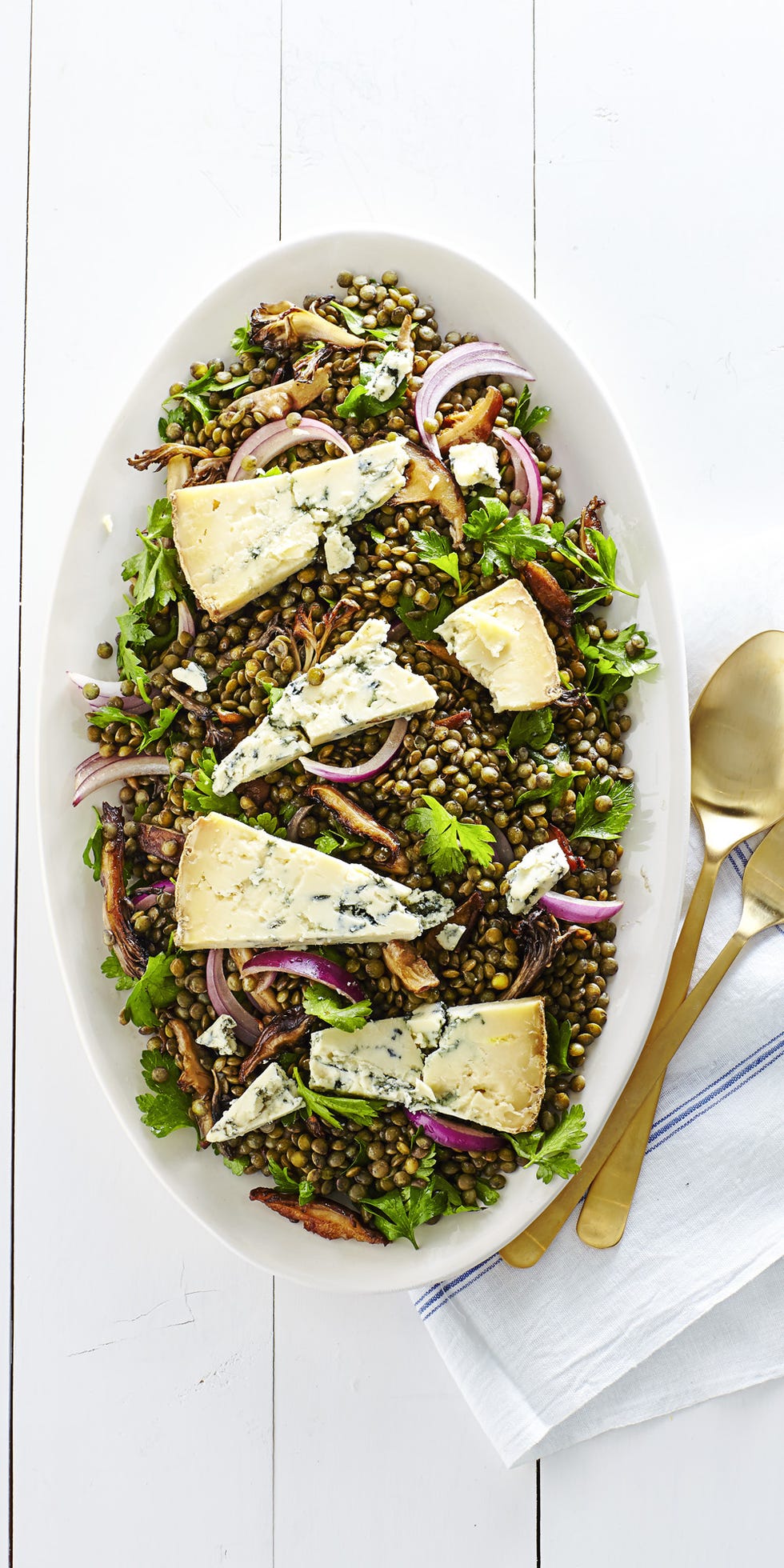 lentils with blue cheese on top