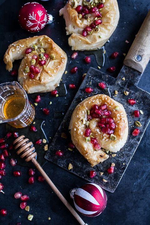 Goat Cheese Phyllo Swirls with Pomegranate Honey and Pistachios