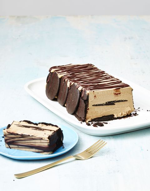 a rectangular cappuccino icebox cake with chocolate drizzled on top