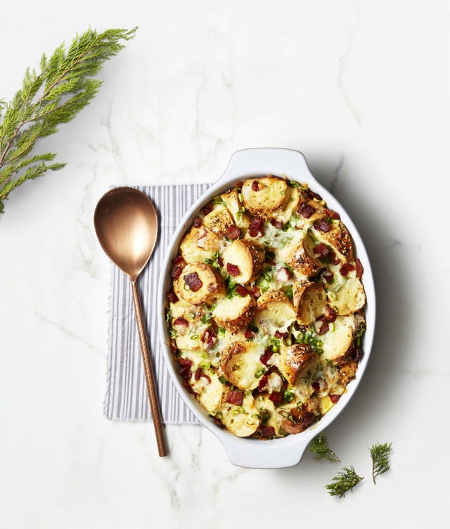 bagel breakfast bake in a white baking dish