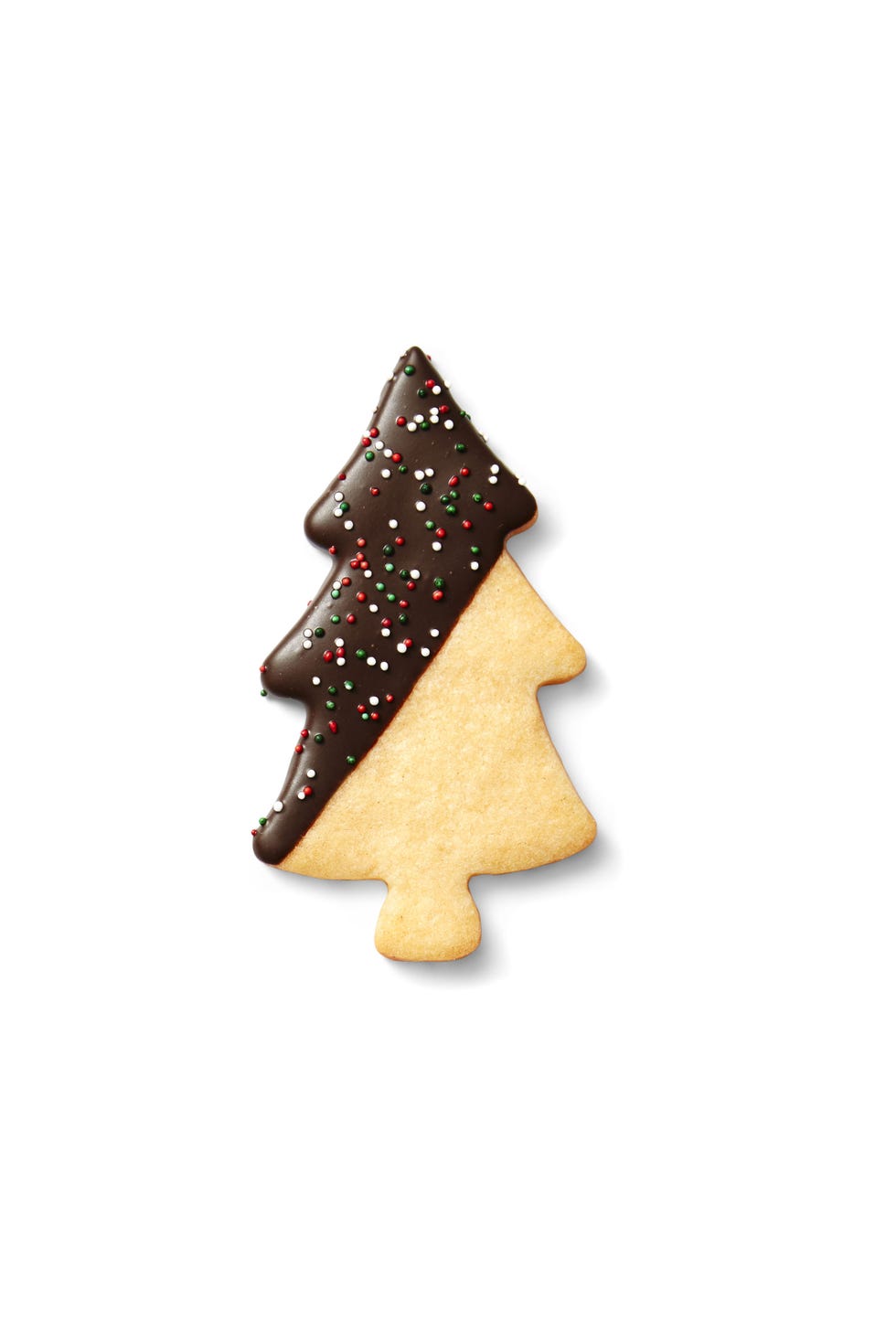 christmas sugar cookie trees half dipped in chocolate with sprinkles on top