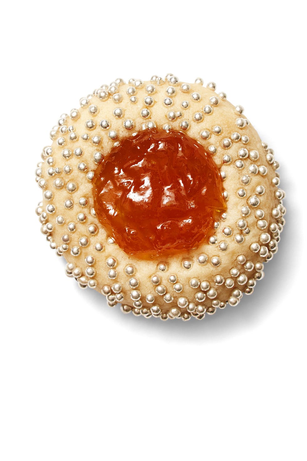thumbprint jam cookie decorated with nonpareils