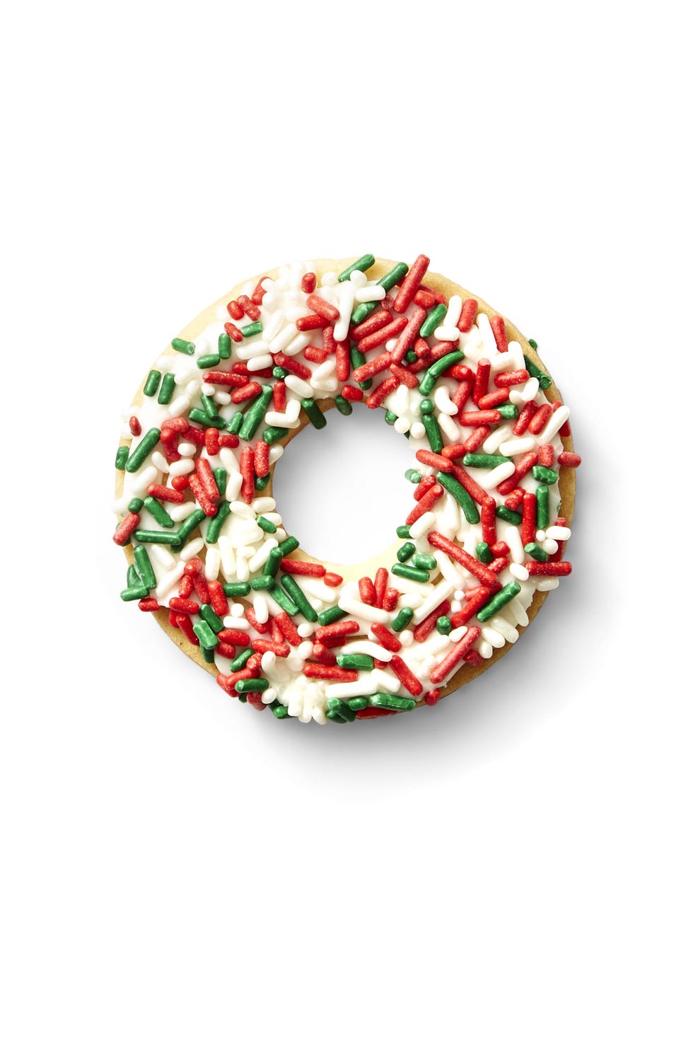 sugar cookie donuts with red, green and white sprinkles
