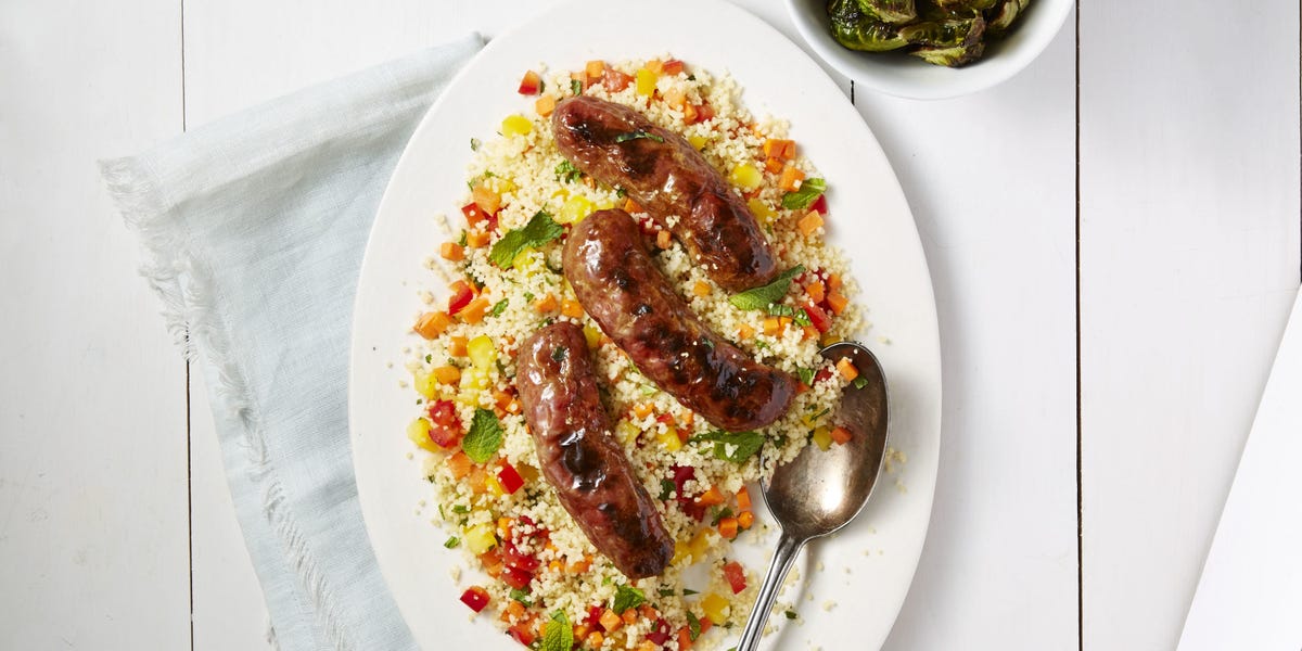 Lamb Sausage with Confetti Couscous Recipe — How to Make Lamb Sausage with Confe...