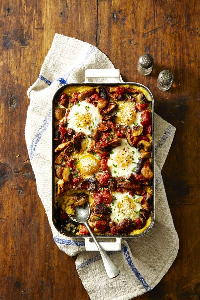 mushroom ragu and polenta egg bake in a baking dish